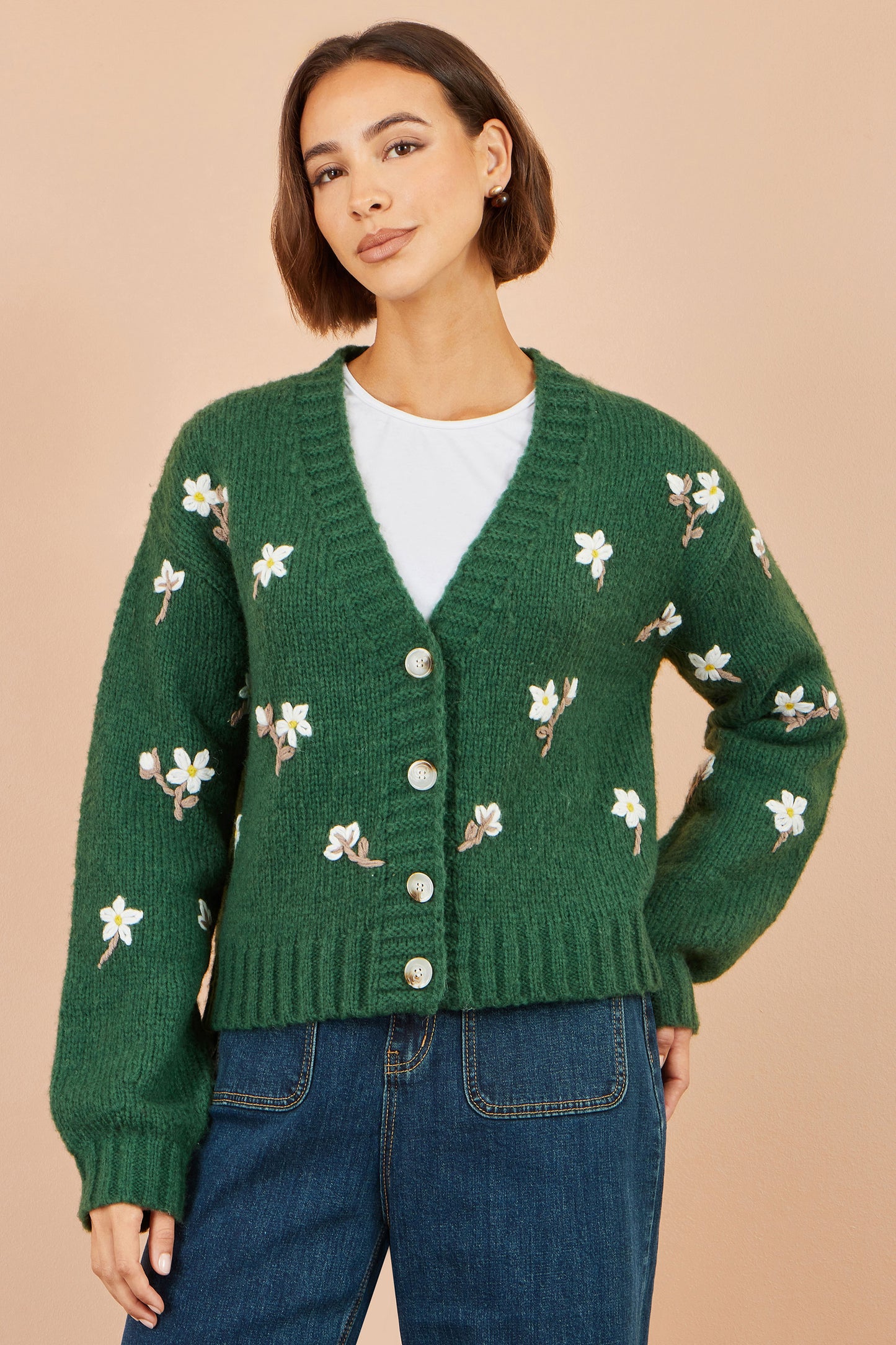 Yumi Green Hand Embroidered Chunky Knitted Cardigan Knit Cardigan Yumi