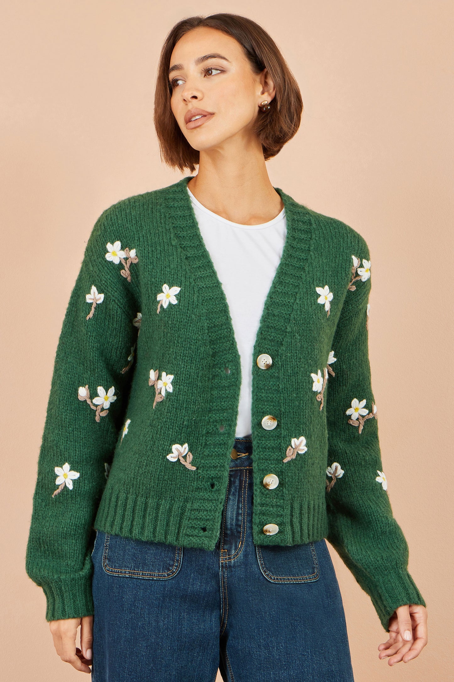 Yumi Green Hand Embroidered Chunky Knitted Cardigan Knit Cardigan Yumi