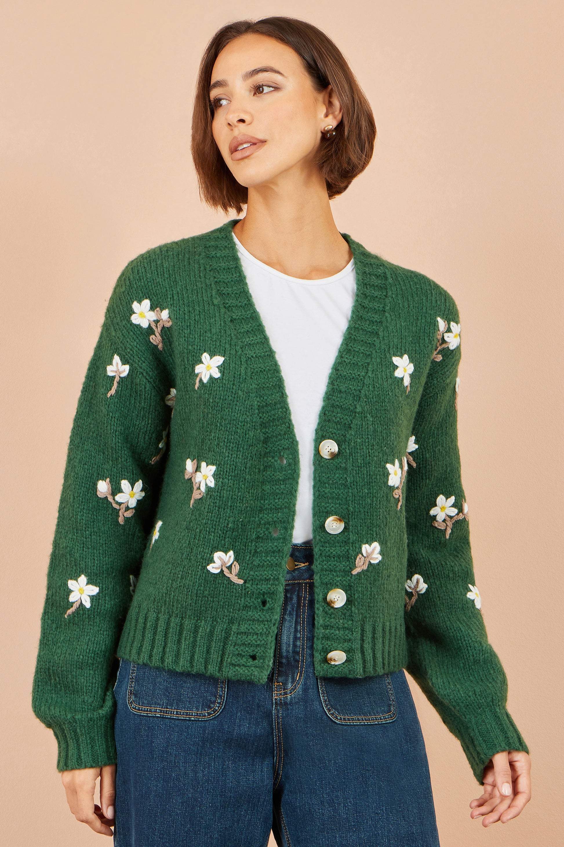 Yumi Green Hand Embroidered Chunky Knitted Cardigan Knit Cardigan Yumi