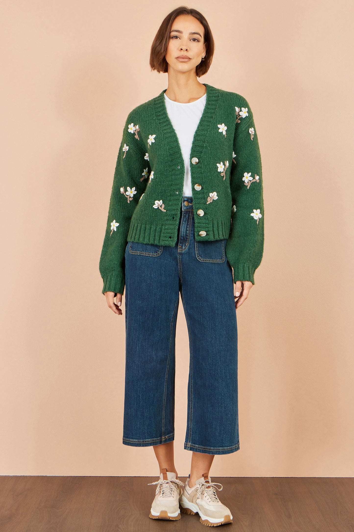 Yumi Green Hand Embroidered Chunky Knitted Cardigan Knit Cardigan Yumi