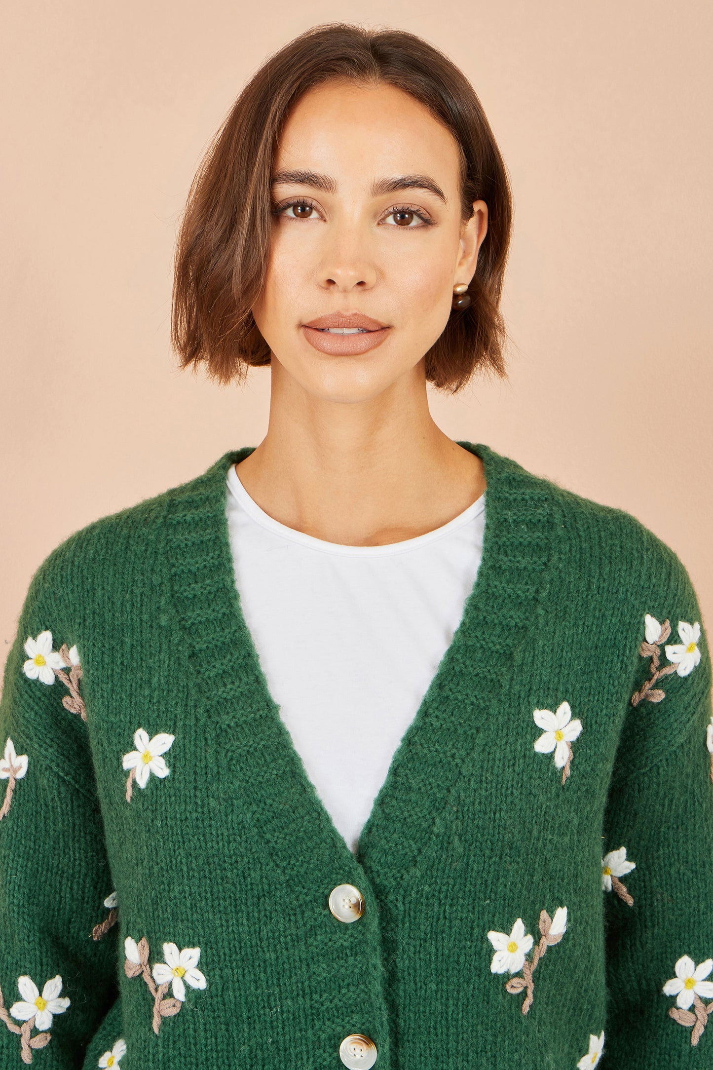 Yumi Green Hand Embroidered Chunky Knitted Cardigan Knit Cardigan Yumi