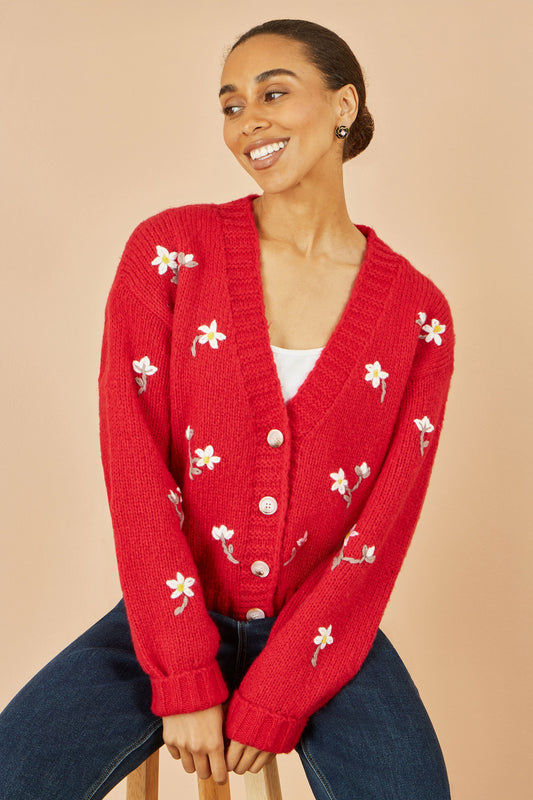 Yumi Red Hand Embroidered Chunky Knitted Cardigan Knit Cardigan Yumi