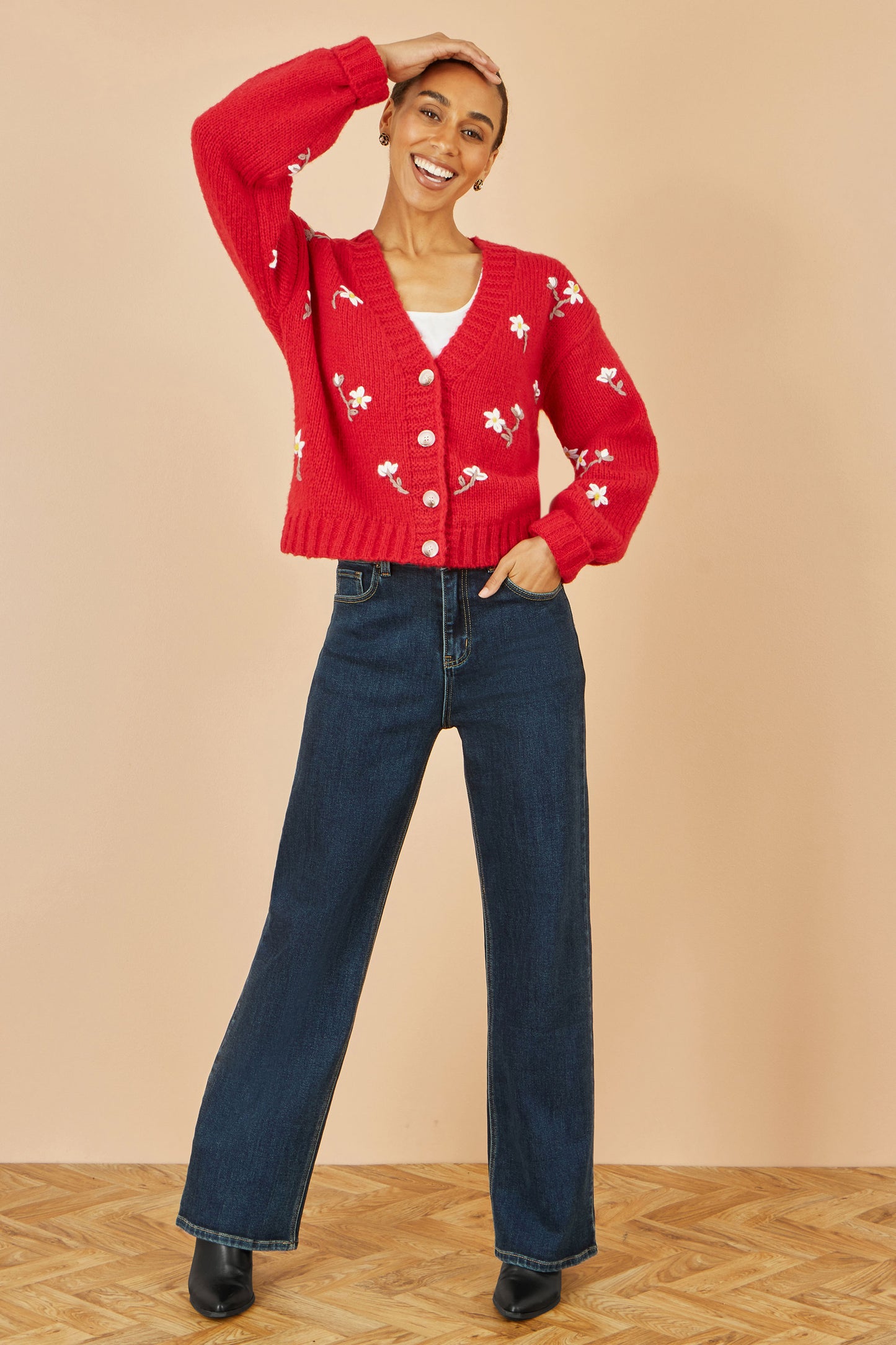 Yumi Red Hand Embroidered Chunky Knitted Cardigan Knit Cardigan Yumi