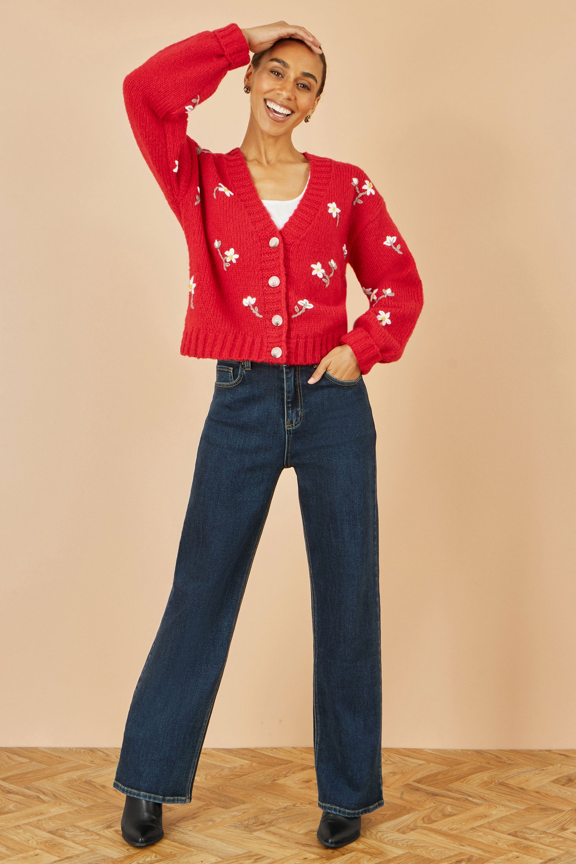 Yumi Red Hand Embroidered Chunky Knitted Cardigan Knit Cardigan Yumi