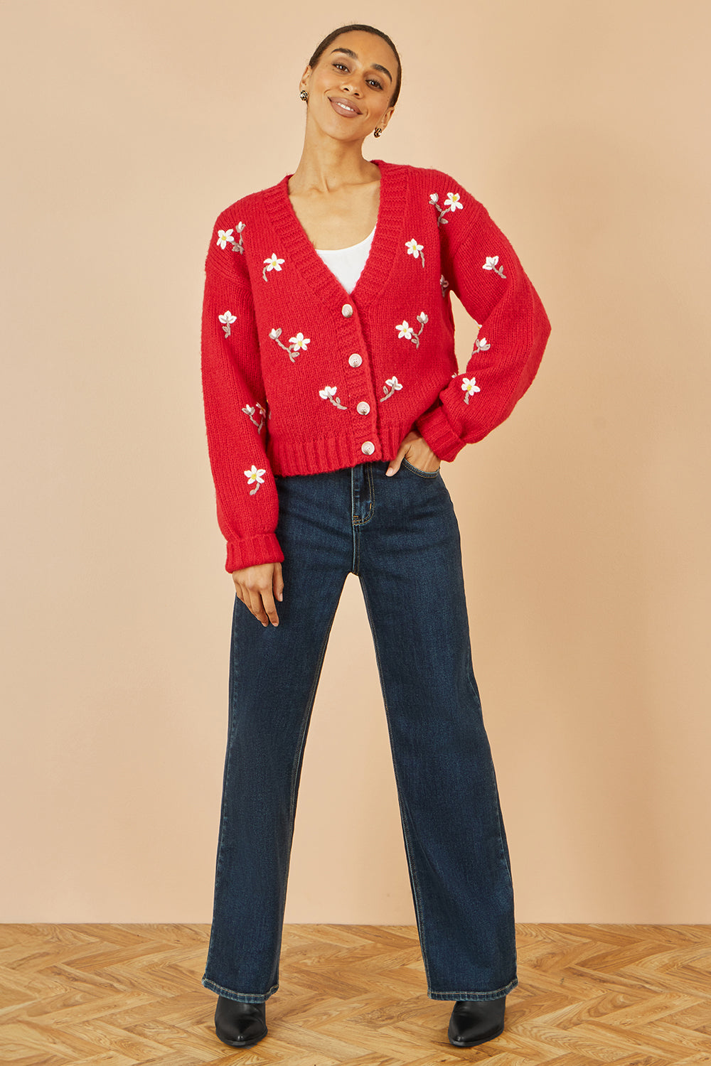 Yumi Red Hand Embroidered Chunky Knitted Cardigan Knit Cardigan Yumi
