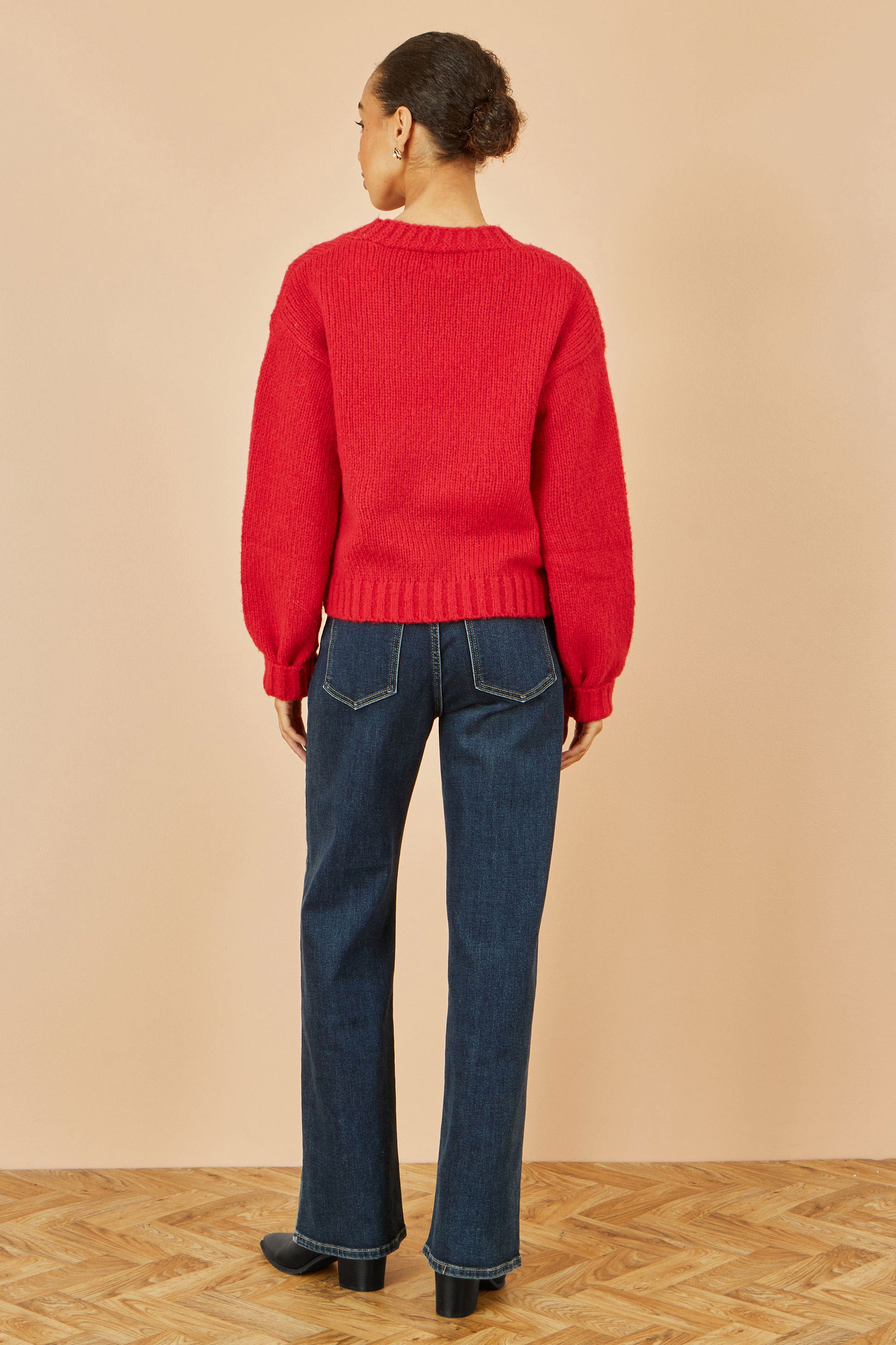 Yumi Red Hand Embroidered Chunky Knitted Cardigan Knit Cardigan Yumi