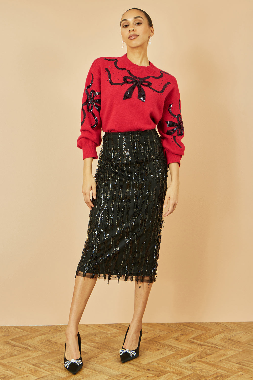 Yumi Red Sequinned Bow Neckline Jumper Knit Xmas Jumper Yumi