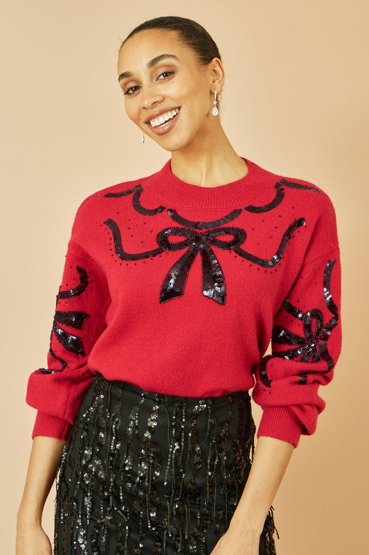 Yumi Red Sequinned Bow Neckline Jumper Knit Xmas Jumper Yumi