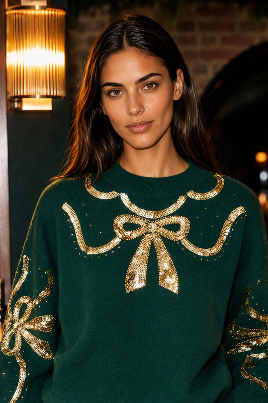 Yumi Green Sequinned Bow Neckline Jumper Knit Xmas Jumper Yumi