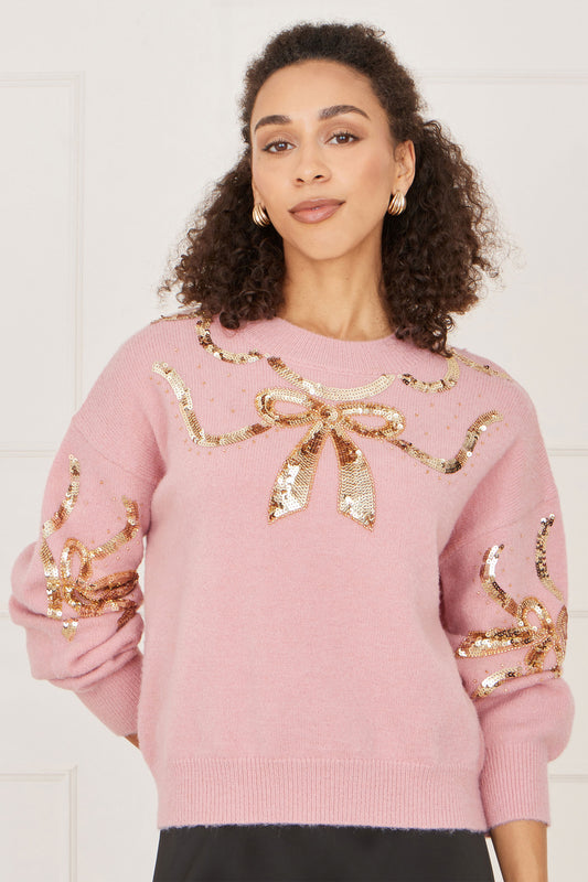 Yumi Pink Sequinned Bow Neckline Jumper Knit Xmas Jumper Yumi