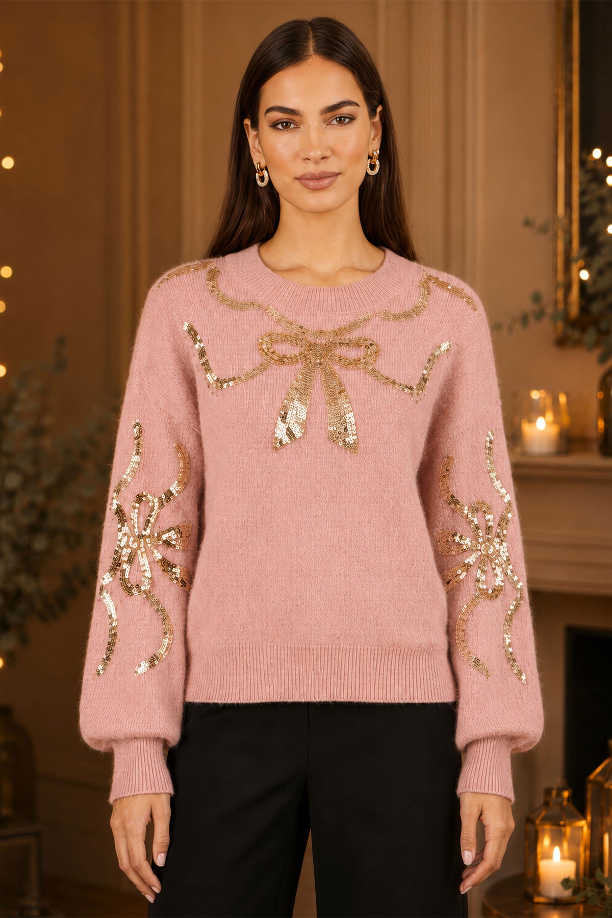 Yumi Pink Sequinned Bow Neckline Jumper Knit Xmas Jumper Yumi