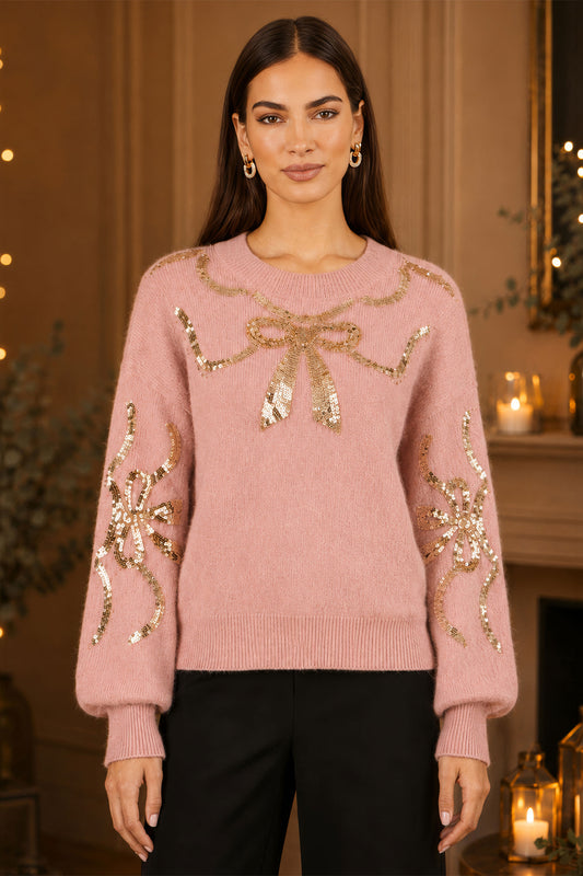 Yumi Pink Sequinned Bow Neckline Jumper Knit Xmas Jumper Yumi