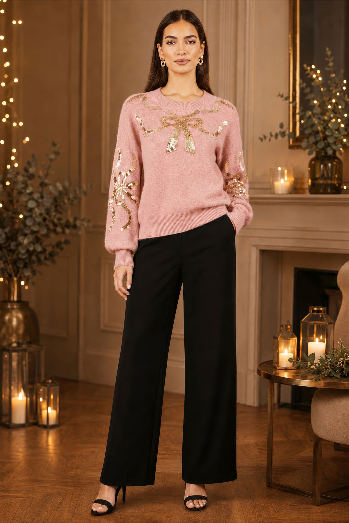 Yumi Pink Sequinned Bow Neckline Jumper Knit Xmas Jumper Yumi