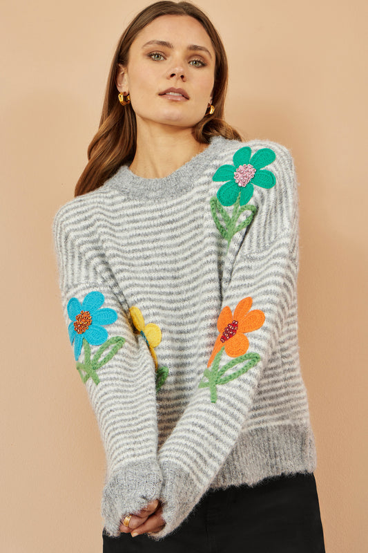 Yumi Grey Striped Relaxed Fit Jumper With Flowers Knit Jumper Yumi