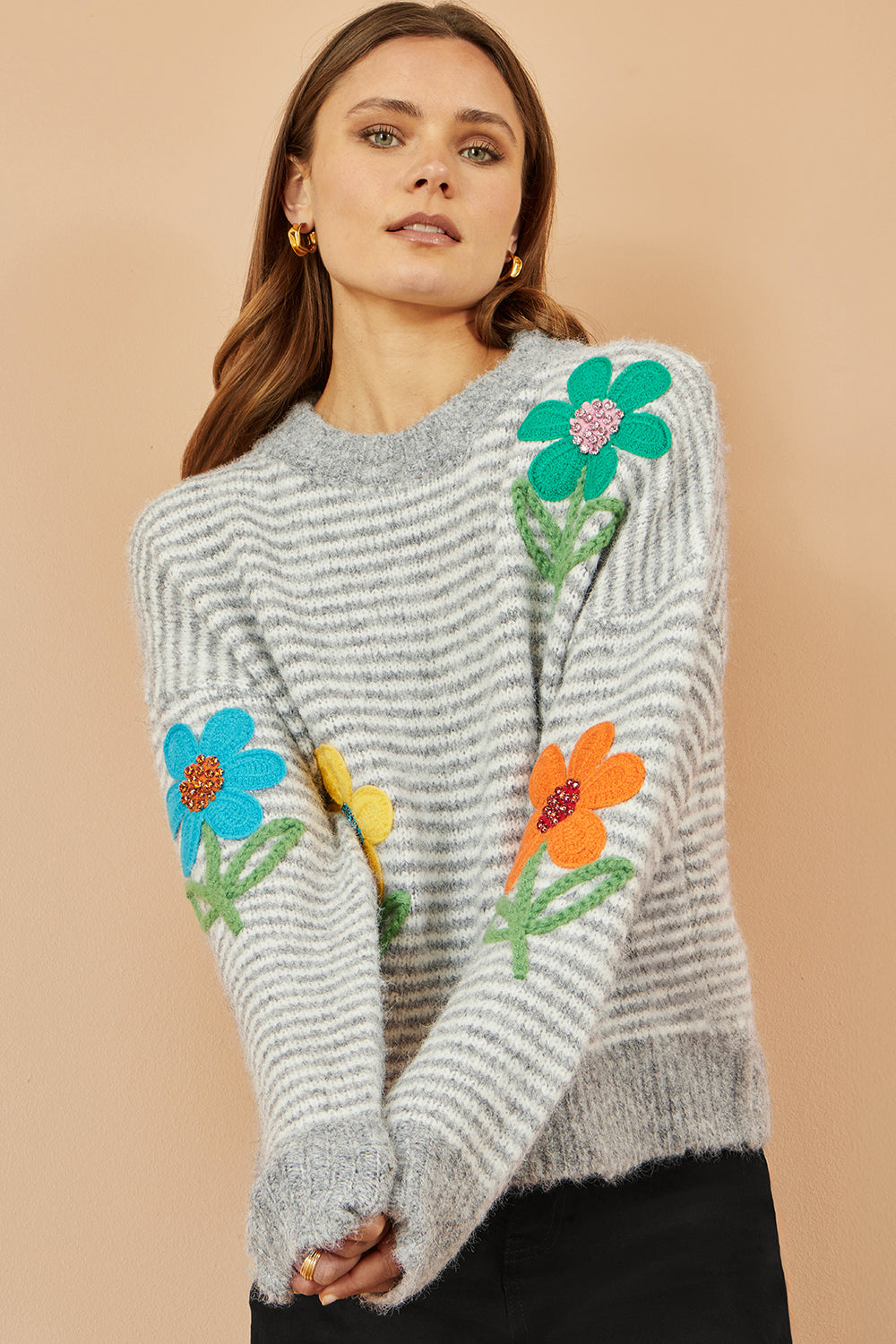 Yumi Grey Striped Relaxed Fit Jumper With Flowers Knit Jumper Yumi