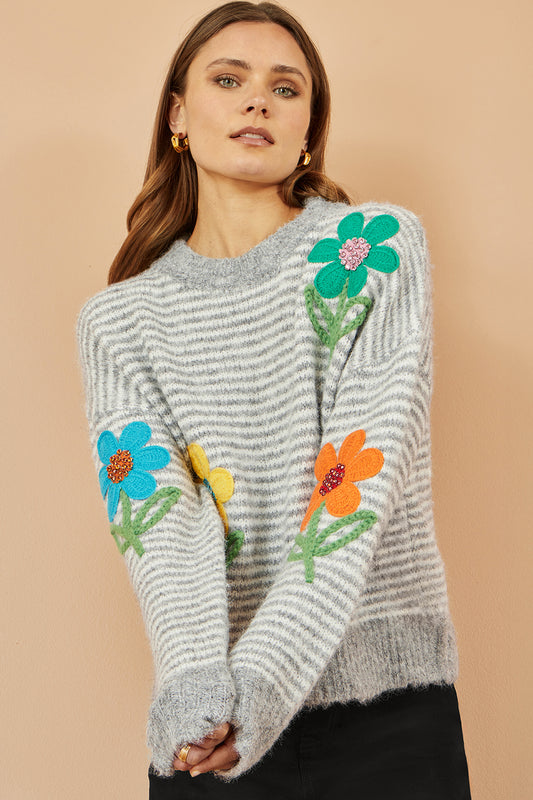 Yumi Grey Striped Relaxed Fit Jumper With Flowers Knit Jumper Yumi