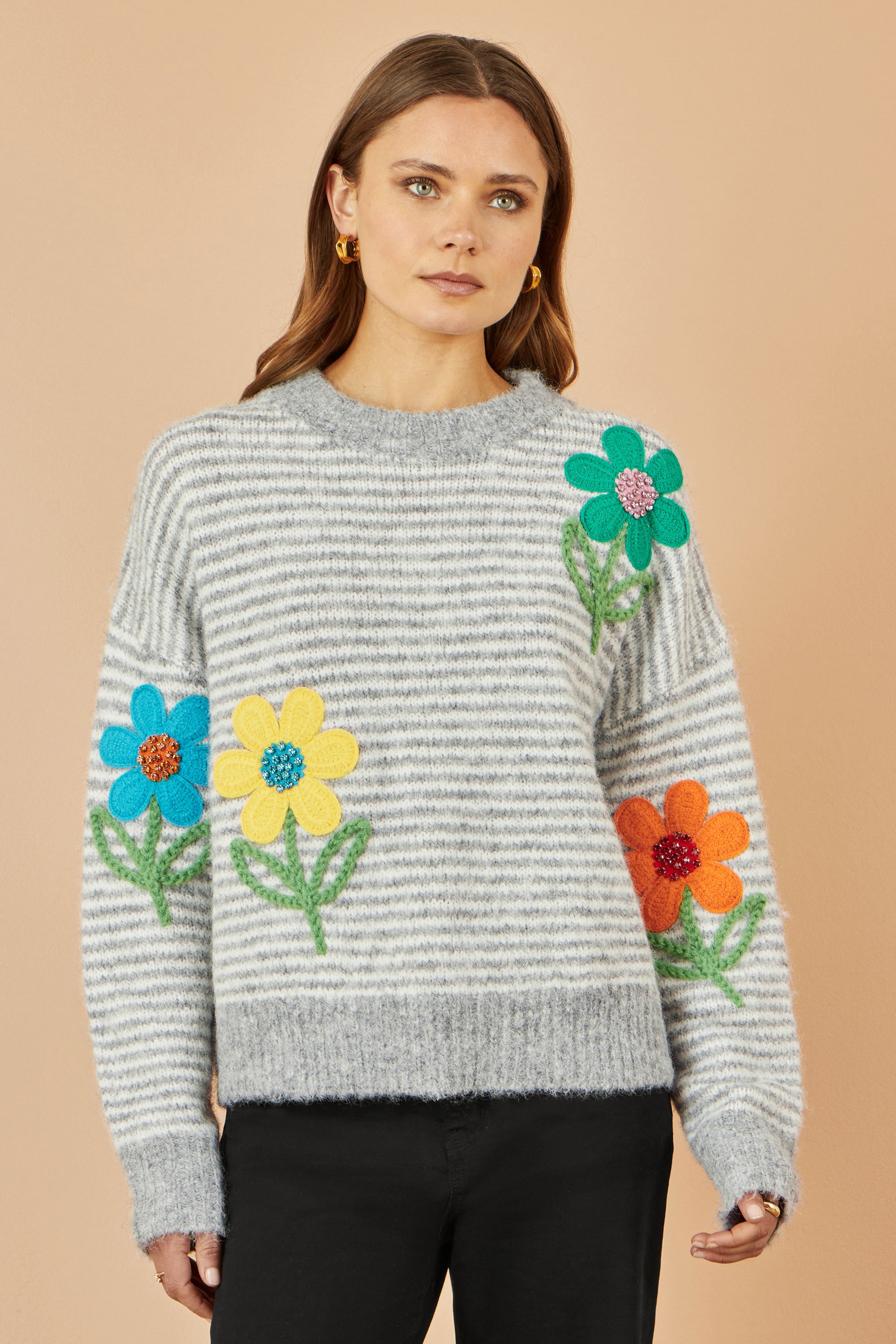 Yumi Grey Striped Relaxed Fit Jumper With Flowers Knit Jumper Yumi