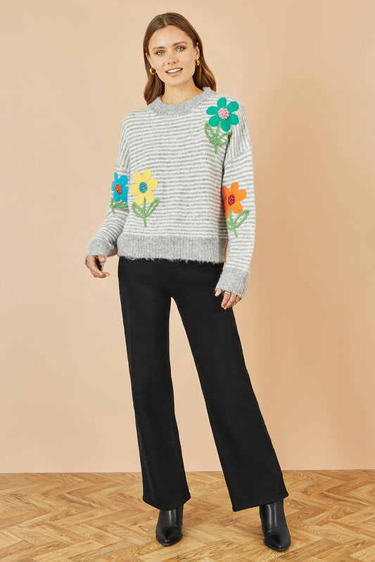 Yumi Grey Striped Relaxed Fit Jumper With Flowers Knit Jumper Yumi