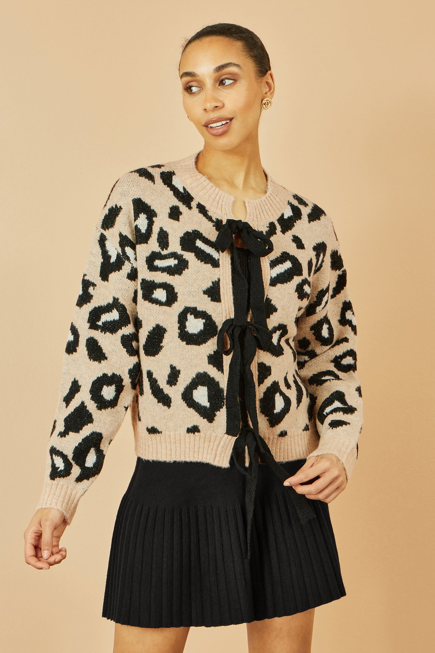 Yumi Beige Animal Print Intarsia Tie Front Cardigan Knit Cardigan Yumi