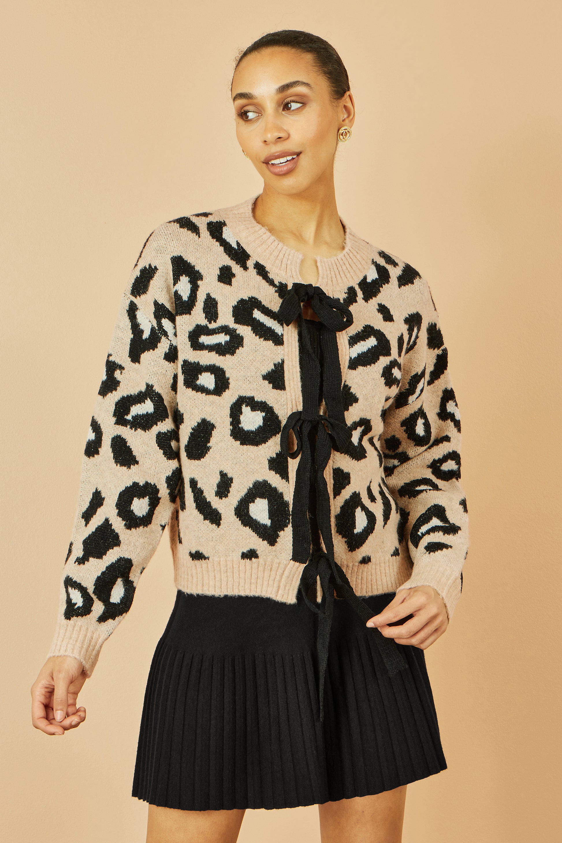 Yumi Beige Animal Print Intarsia Tie Front Cardigan Knit Cardigan Yumi