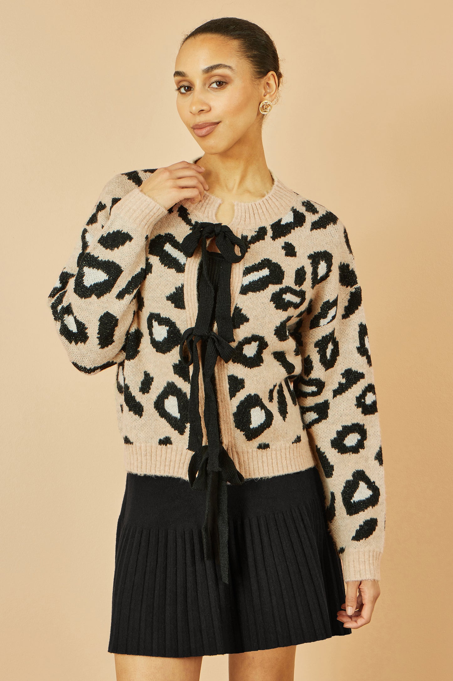 Yumi Beige Animal Print Intarsia Tie Front Cardigan Knit Cardigan Yumi