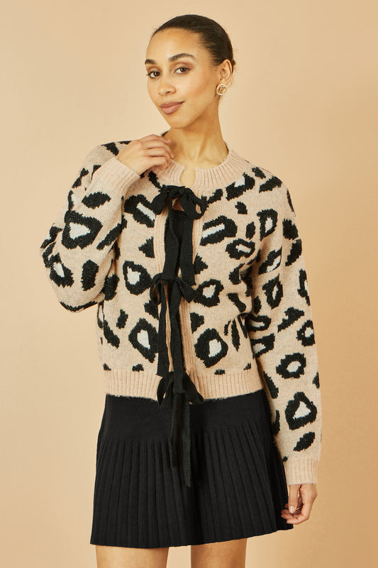 Yumi Beige Animal Print Intarsia Tie Front Cardigan Knit Cardigan Yumi