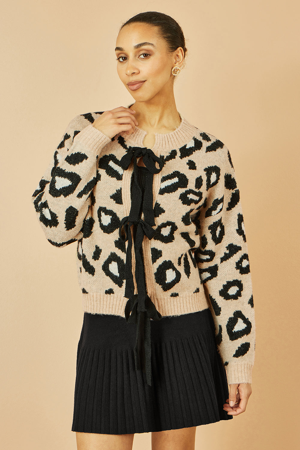Yumi Beige Animal Print Intarsia Tie Front Cardigan Knit Cardigan Yumi