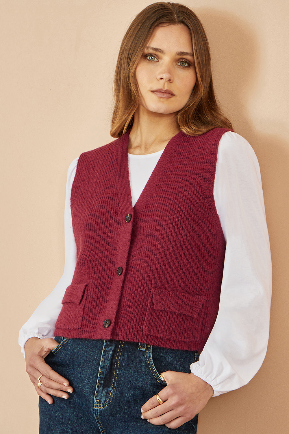 Yumi Burgundy Knitted Pullover Waistcoat Knit Pullover Yumi