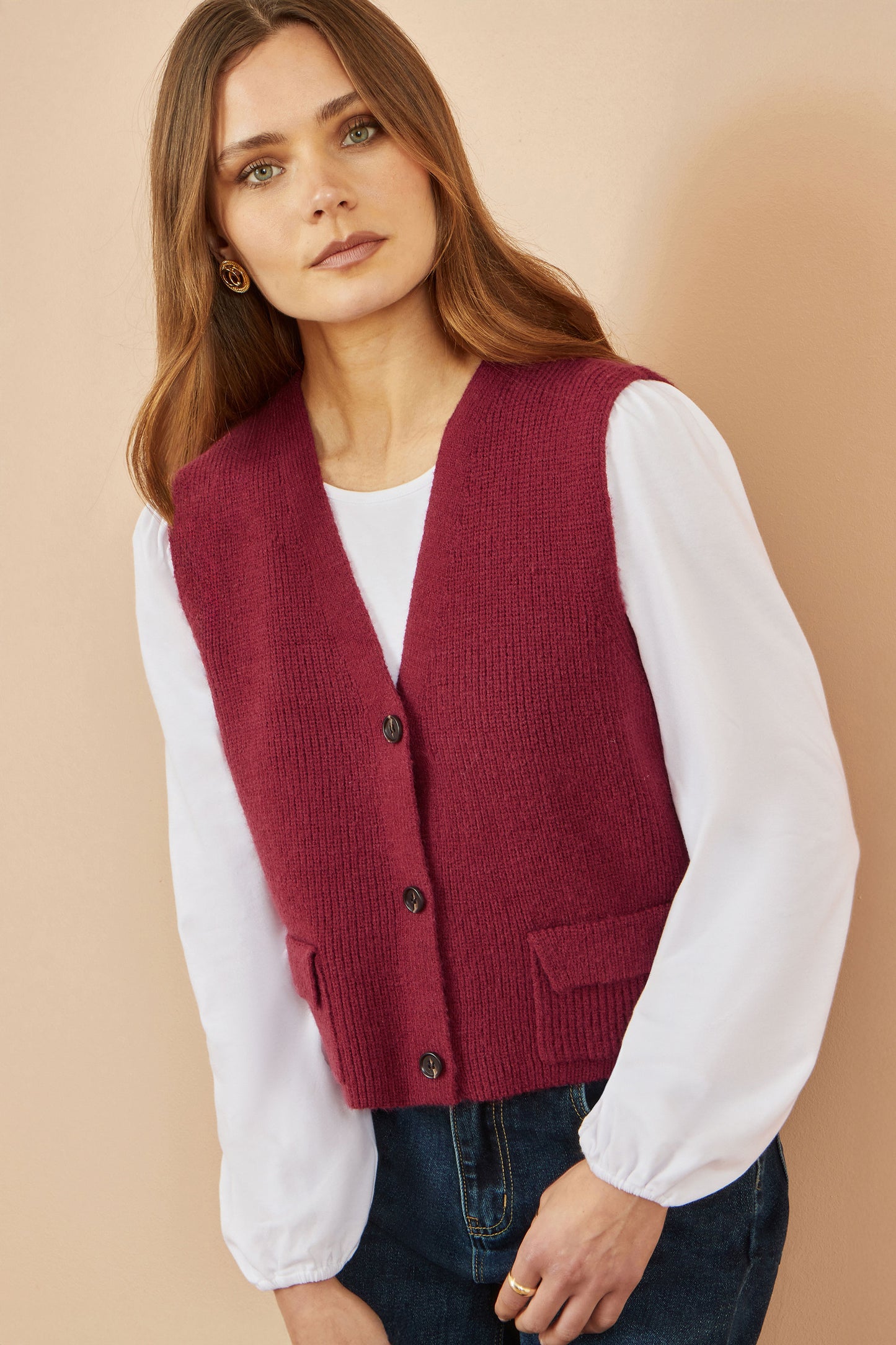 Yumi Burgundy Knitted Pullover Waistcoat Knit Pullover Yumi