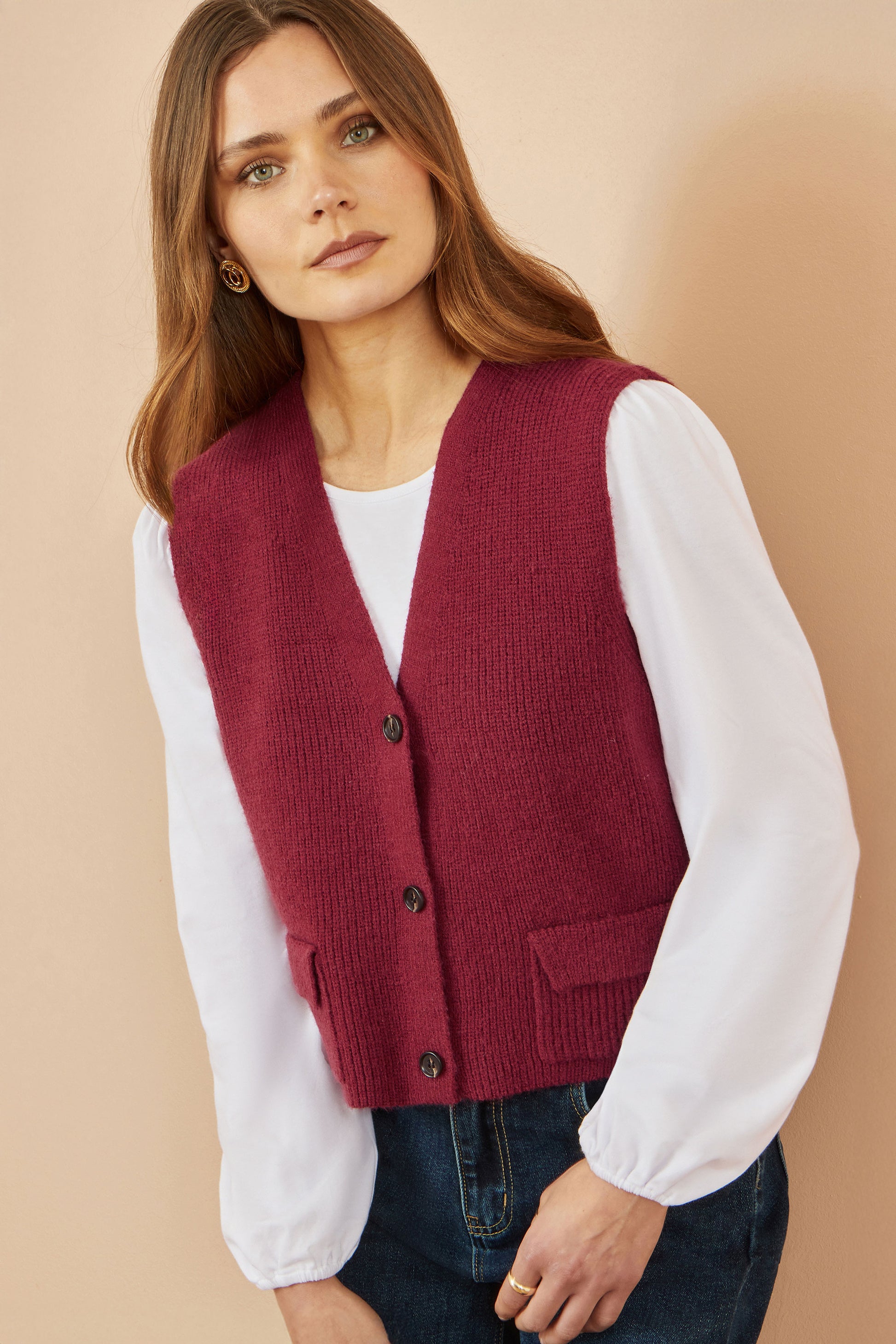 Yumi Burgundy Knitted Pullover Waistcoat Knit Pullover Yumi