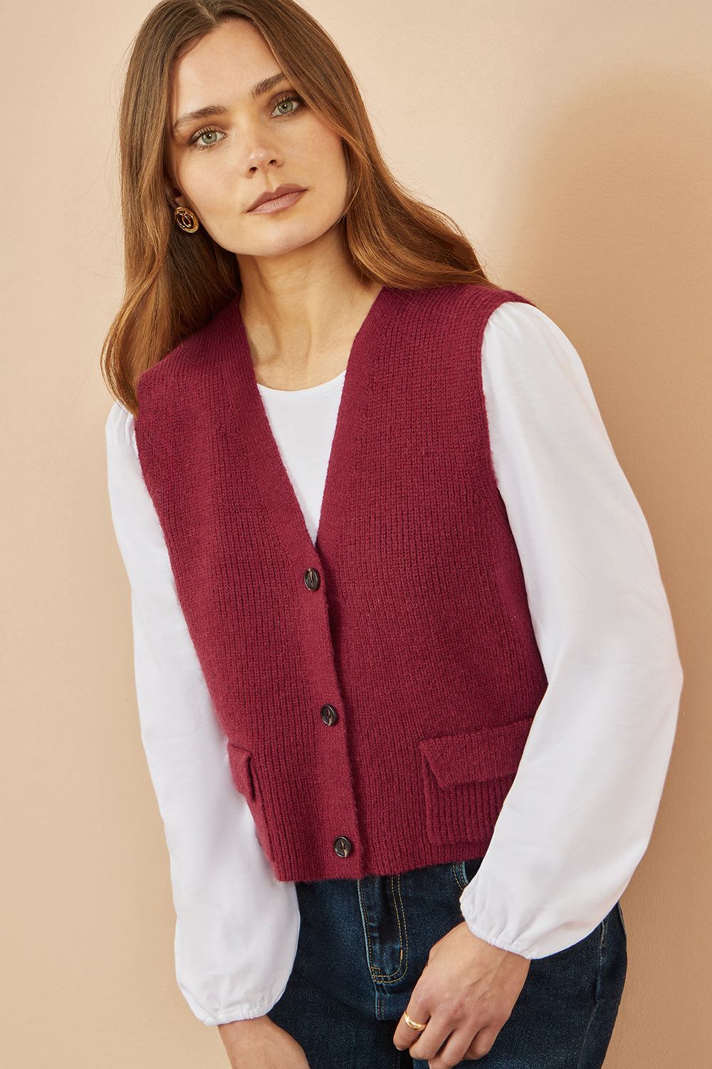 Yumi Burgundy Knitted Pullover Waistcoat Knit Pullover Yumi