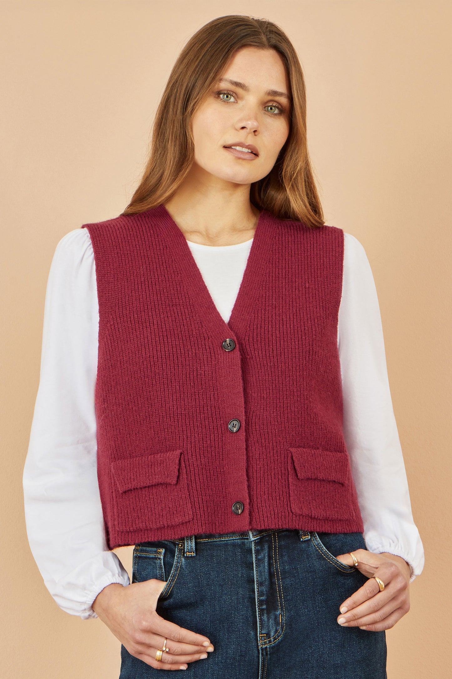Yumi Burgundy Knitted Pullover Waistcoat Knit Pullover Yumi
