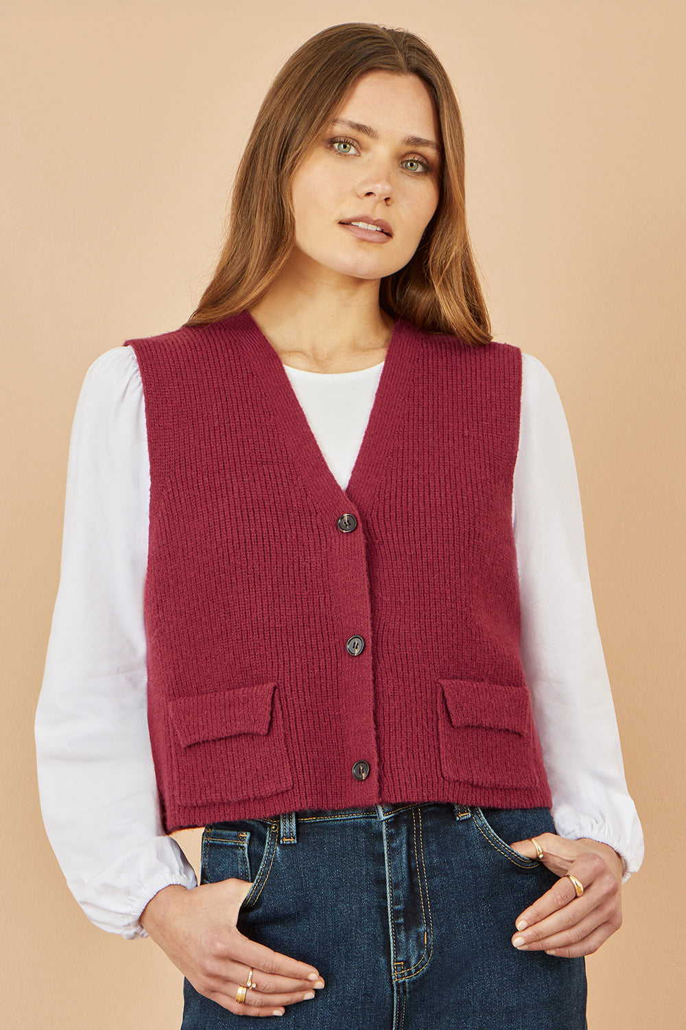 Yumi Burgundy Knitted Pullover Waistcoat Knit Pullover Yumi