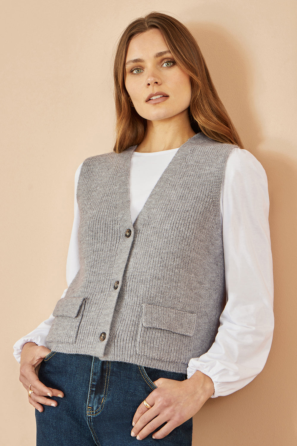 Yumi Grey Knitted Pullover Waistcoat Knit Pullover Yumi