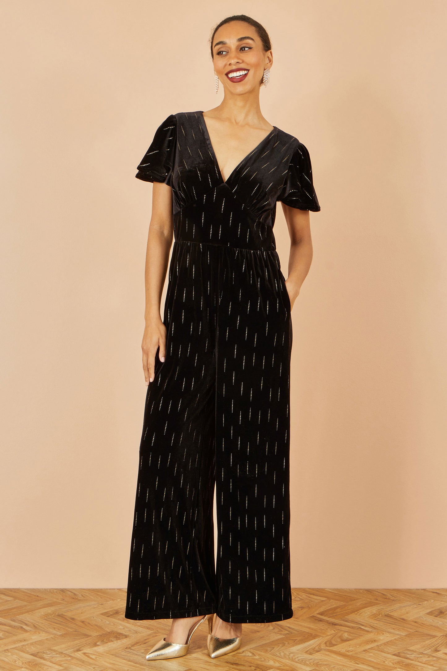 Yumi Black Foil Print Velvet Jumpsuit JUMPSUIT Yumi