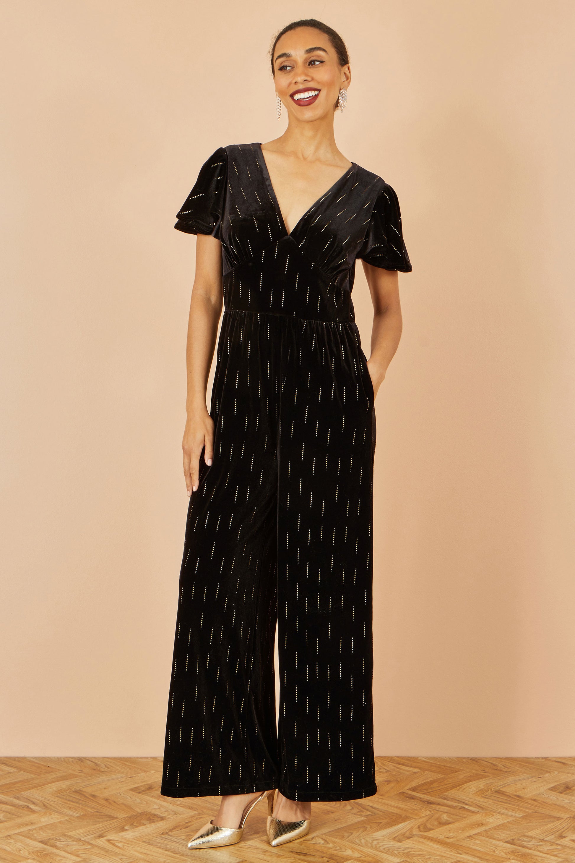 Yumi Black Foil Print Velvet Jumpsuit JUMPSUIT Yumi