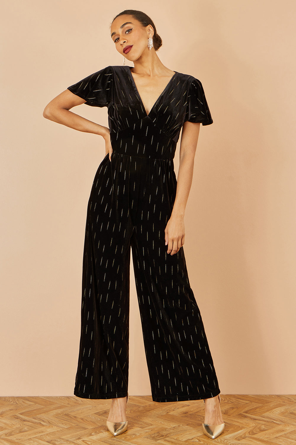 Yumi Black Foil Print Velvet Jumpsuit JUMPSUIT Yumi