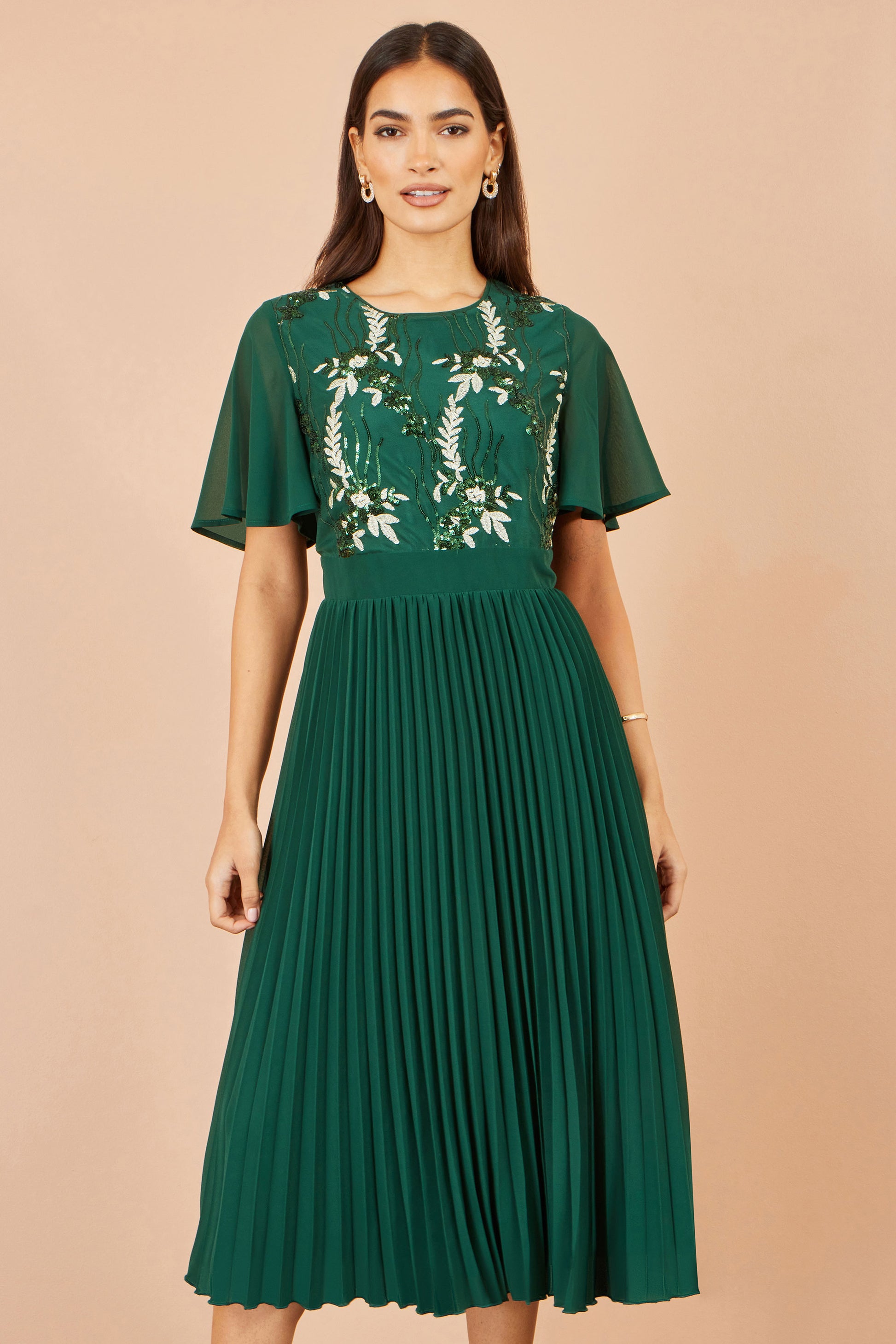 Yumi Green Sequin Embroidered Pleated Midi Dress Dress Party Yumi