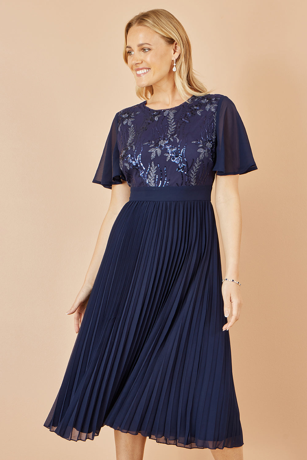 Yumi Navy Sequin Embellished Panel Pleated Midi Dress Dress Occasion Yumi