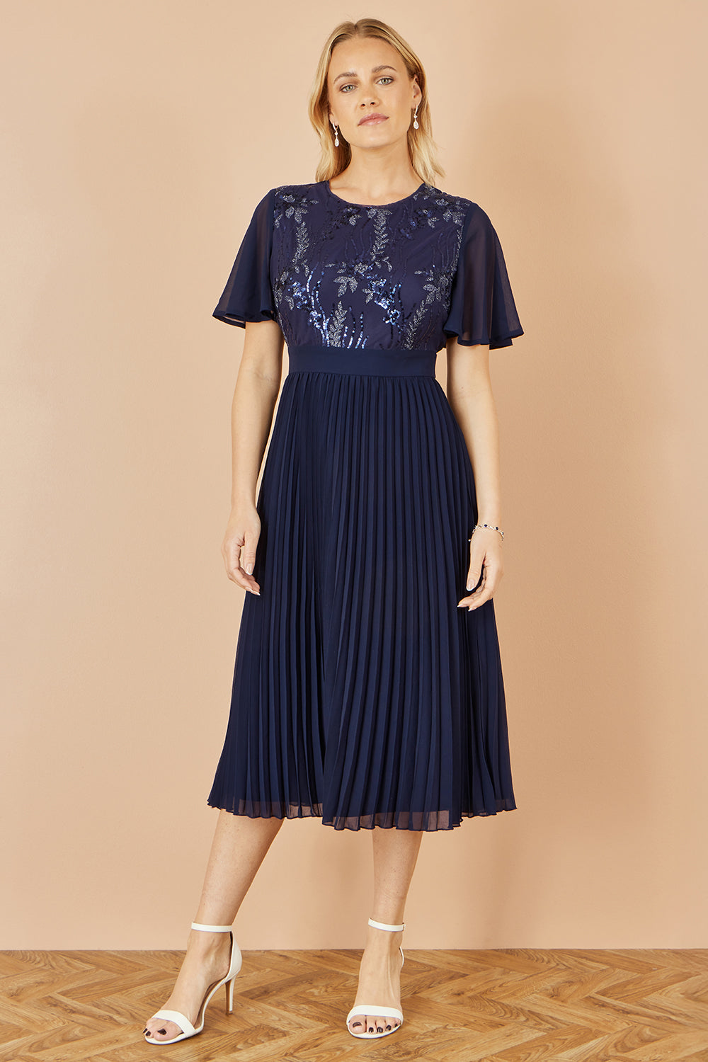 Yumi Navy Sequin Embellished Panel Pleated Midi Dress Dress Occasion Yumi
