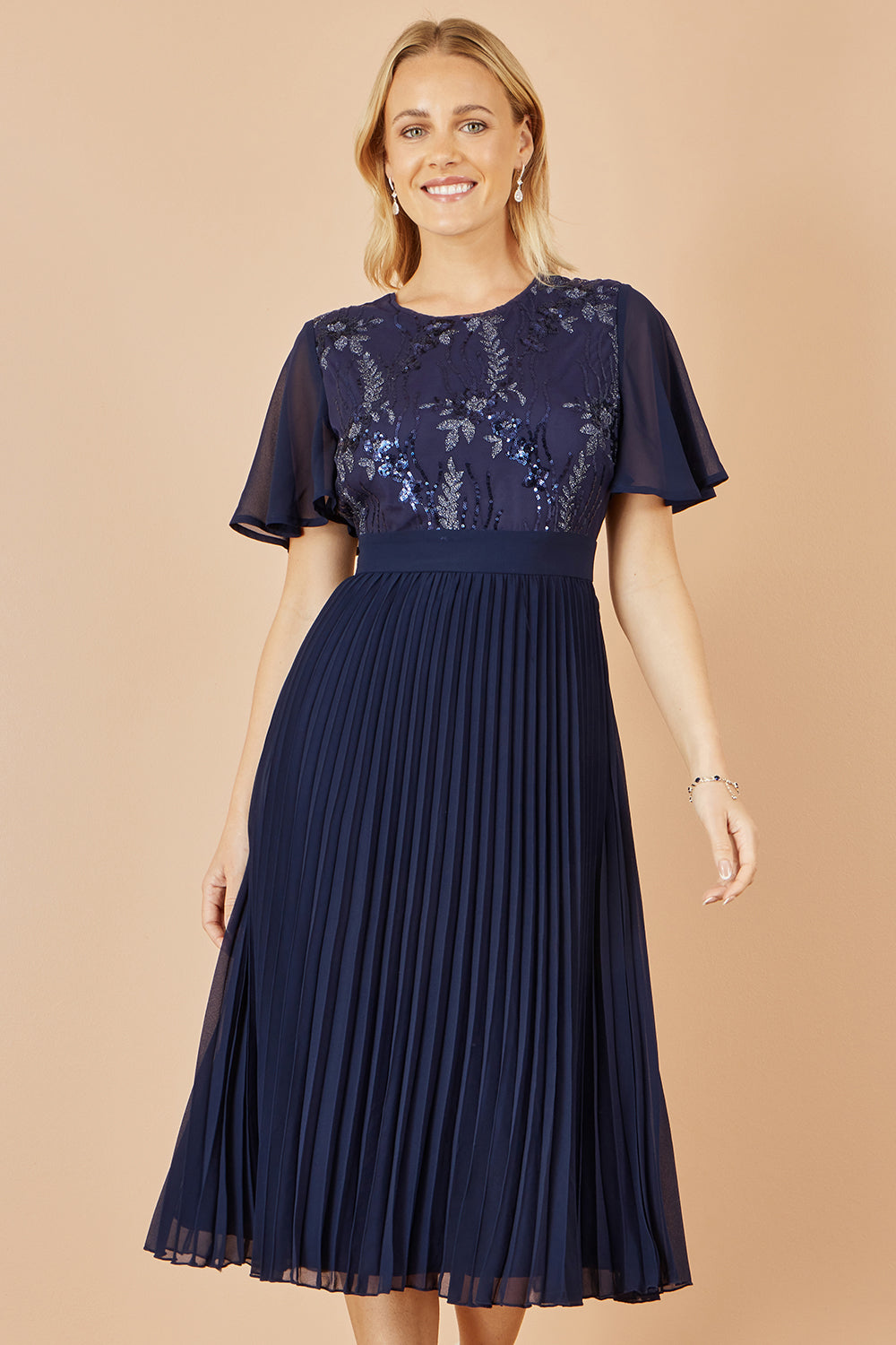 Yumi Navy Sequin Embellished Panel Pleated Midi Dress Dress Occasion Yumi