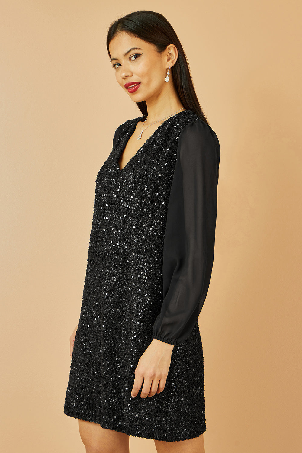 Yumi Black Sequin Tunic With Tie Back And Sheer Sleeves Dress Party Yumi