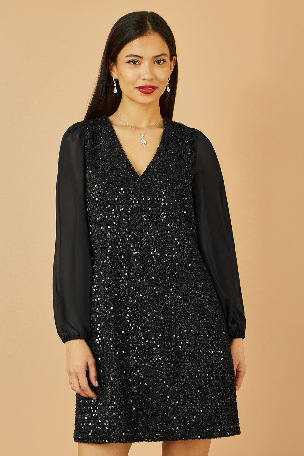 Yumi Black Sequin Tunic With Tie Back And Sheer Sleeves Dress Party Yumi