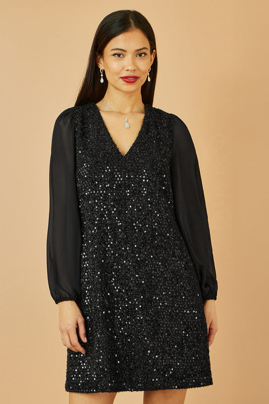 Yumi Black Sequin Tunic With Tie Back And Sheer Sleeves Dress Party Yumi