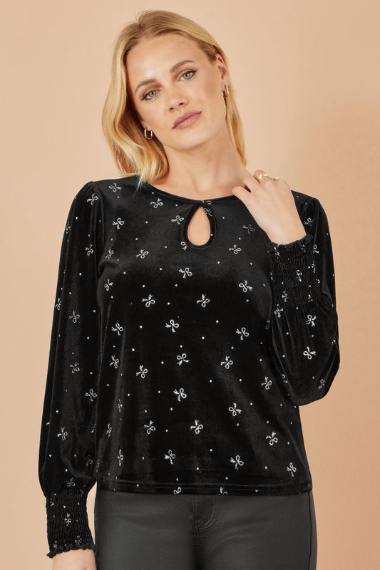Yumi Black Sparkle Bow Print Velvet Top Top Yumi