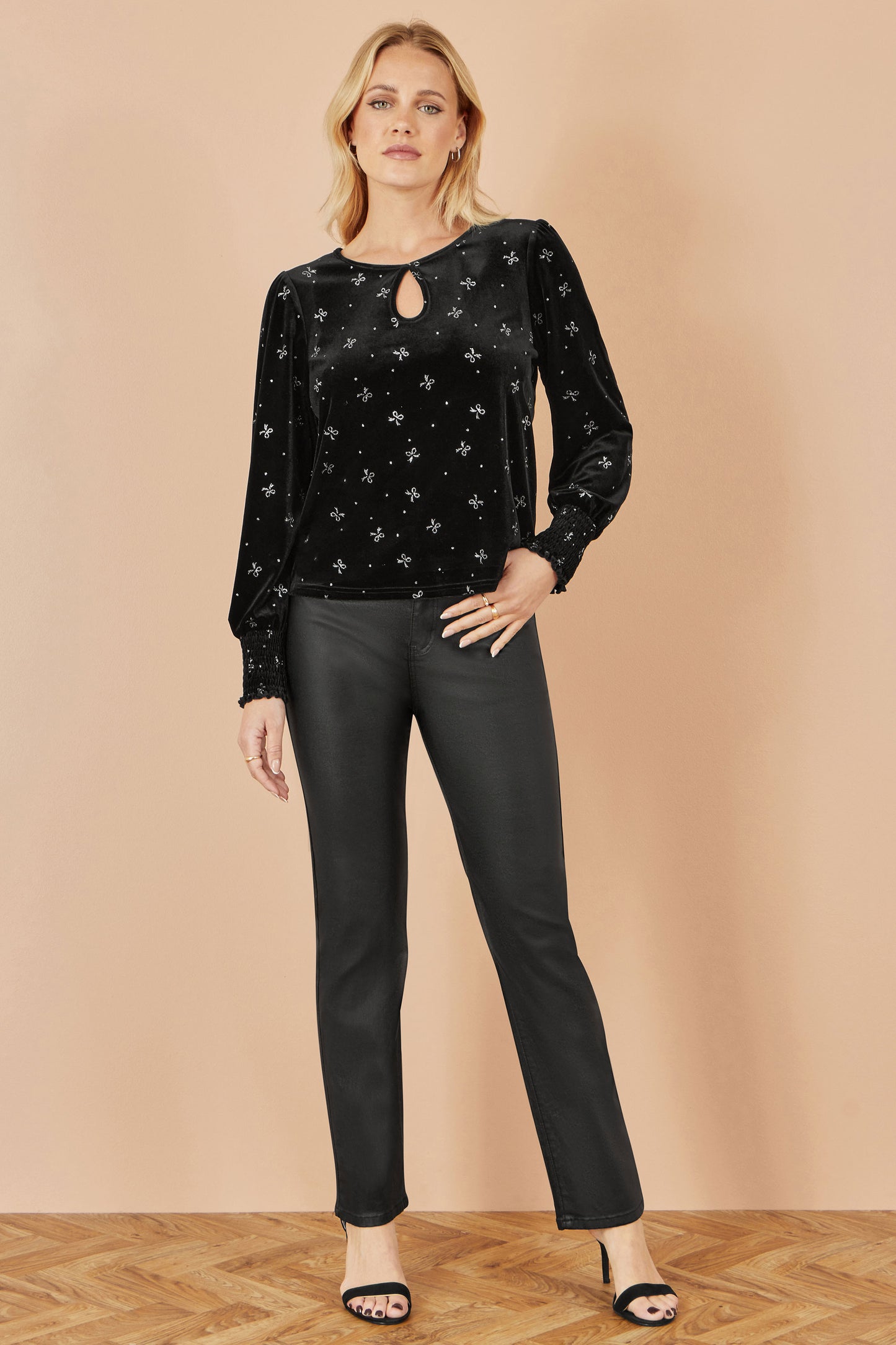 Yumi Black Sparkle Bow Print Velvet Top Top Yumi