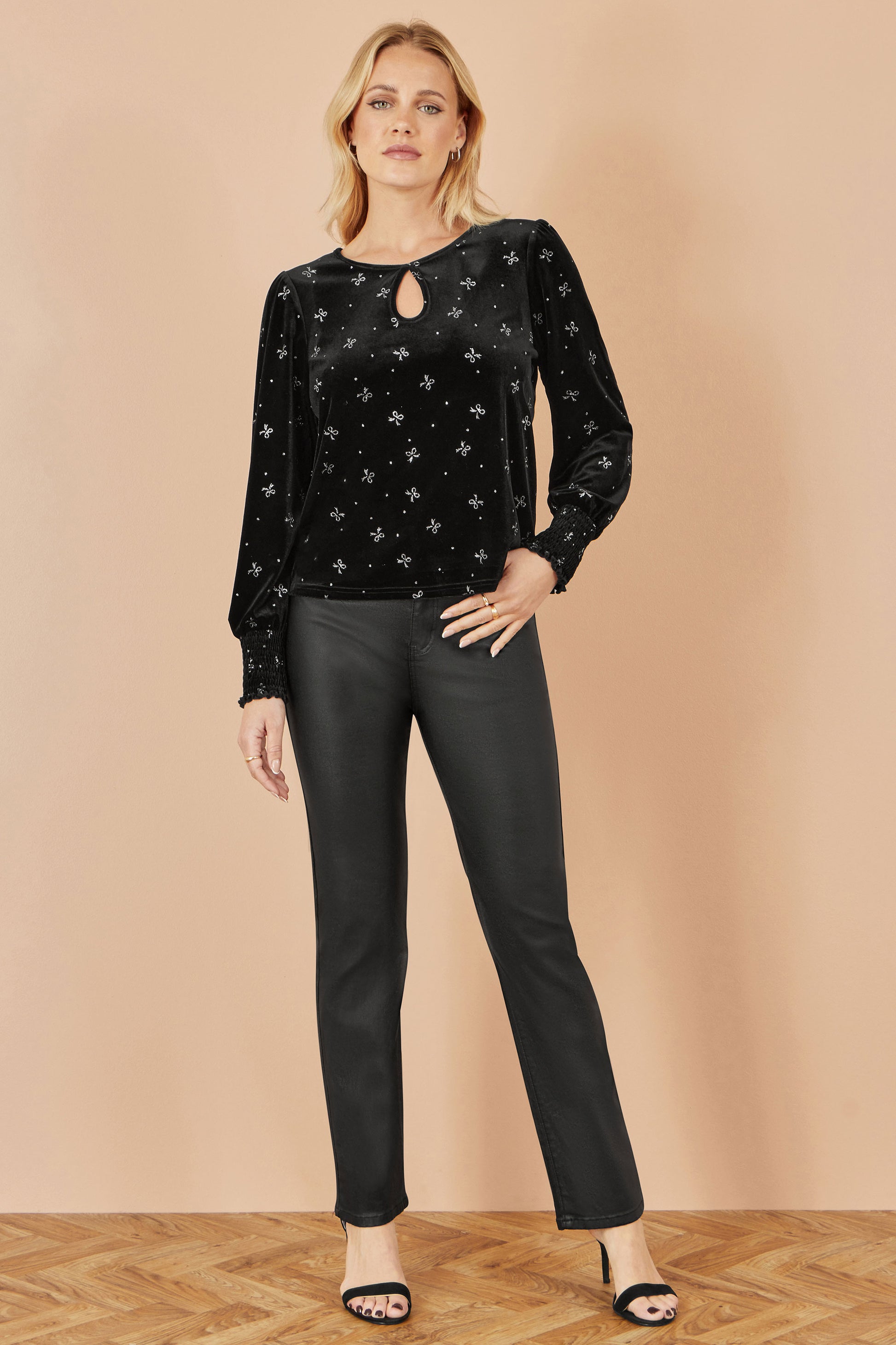 Yumi Black Sparkle Bow Print Velvet Top Top Yumi