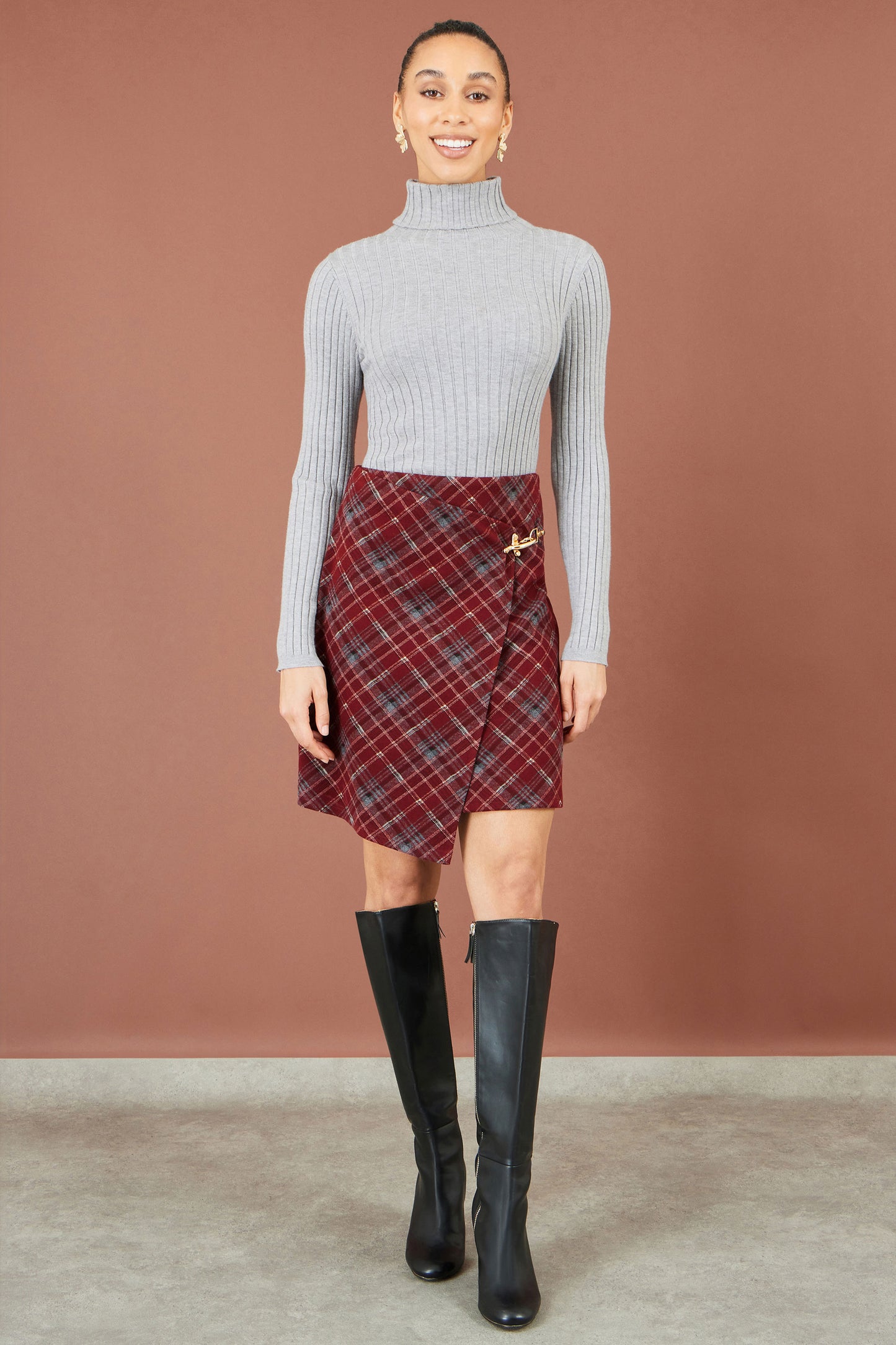 Yumi Burgundy Check Wrap Mini Skirt Skirts Yumi