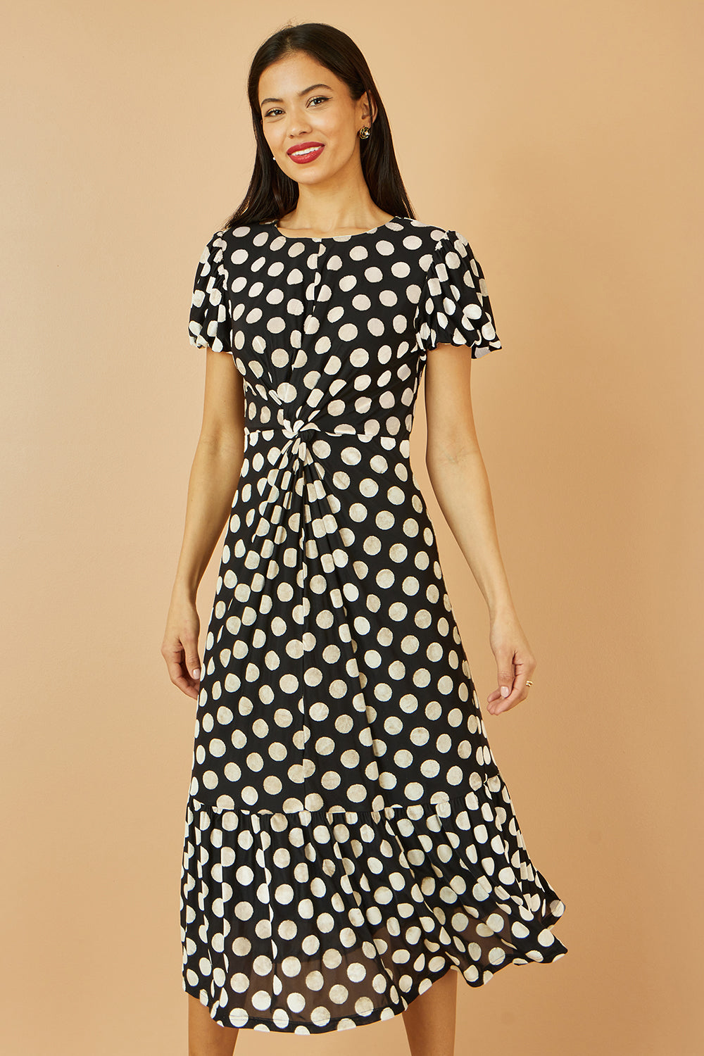 Yumi Black Velvet Spot Print Twist Knot Waist Midi Dress Dress Party Yumi
