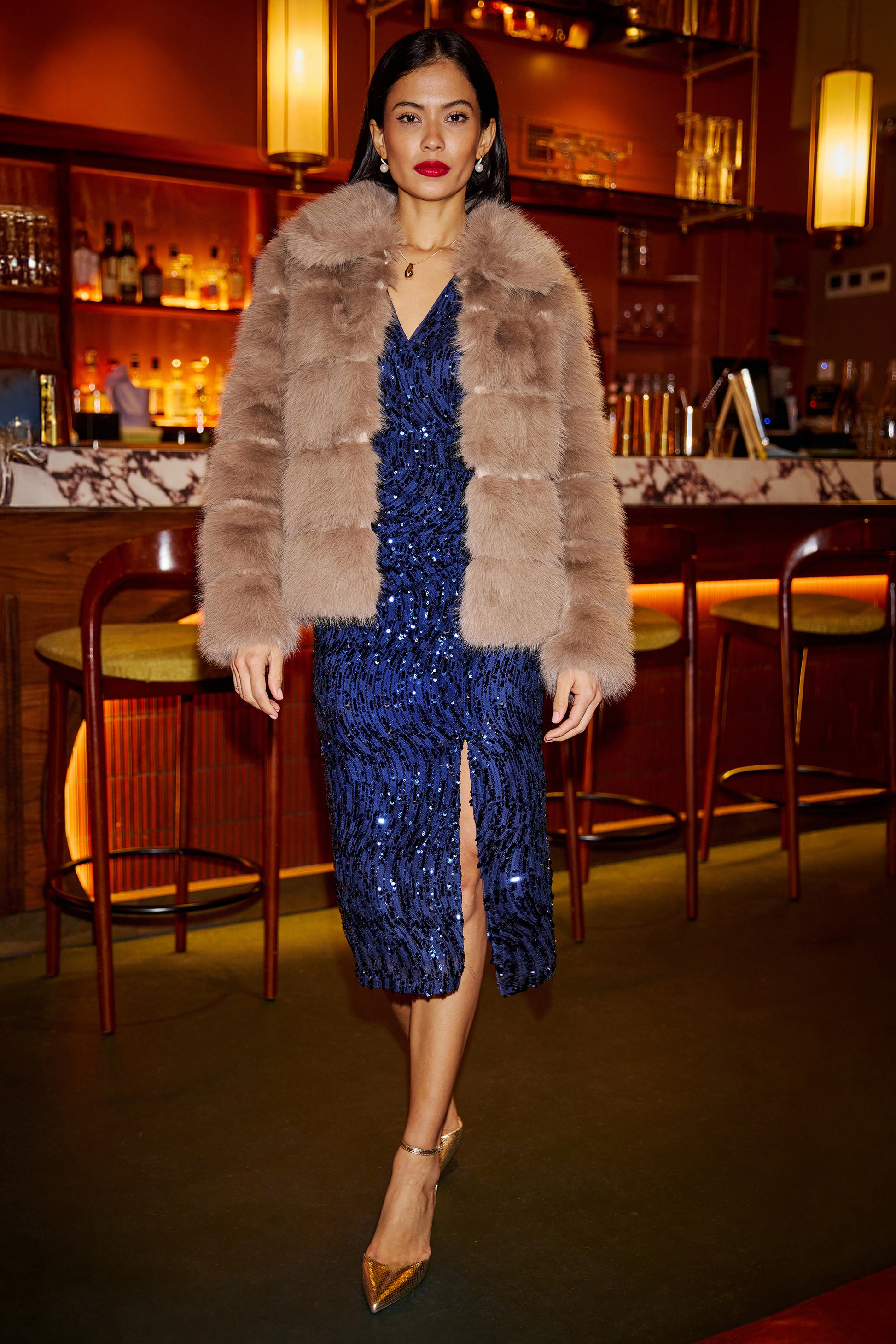 Yumi Navy Sequin Fitted Wrap Dress With Split Hem Dress Party Yumi